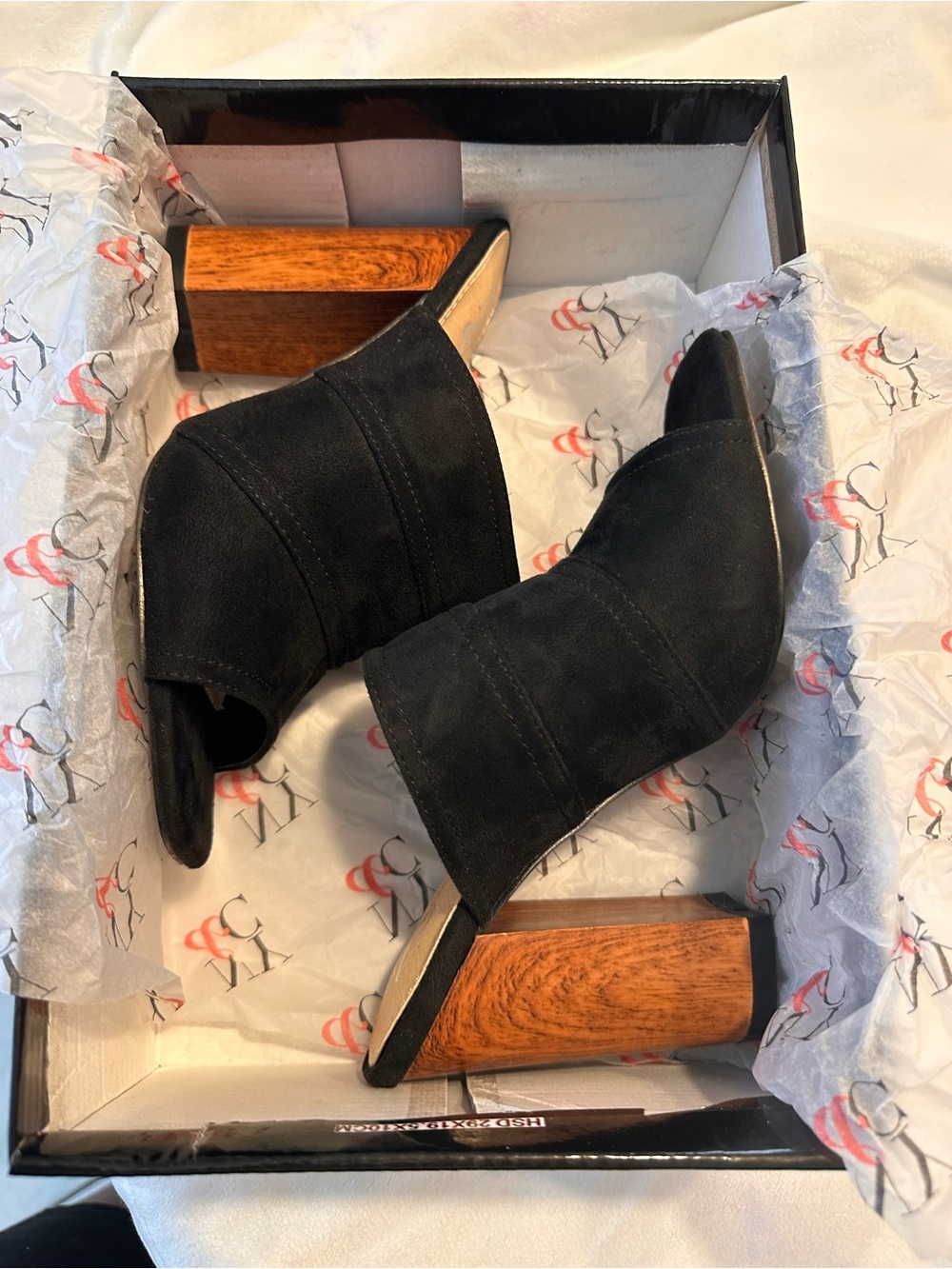 New York & Company Black Suede Open-Toe Mule with Wood-Effect Block Heel
